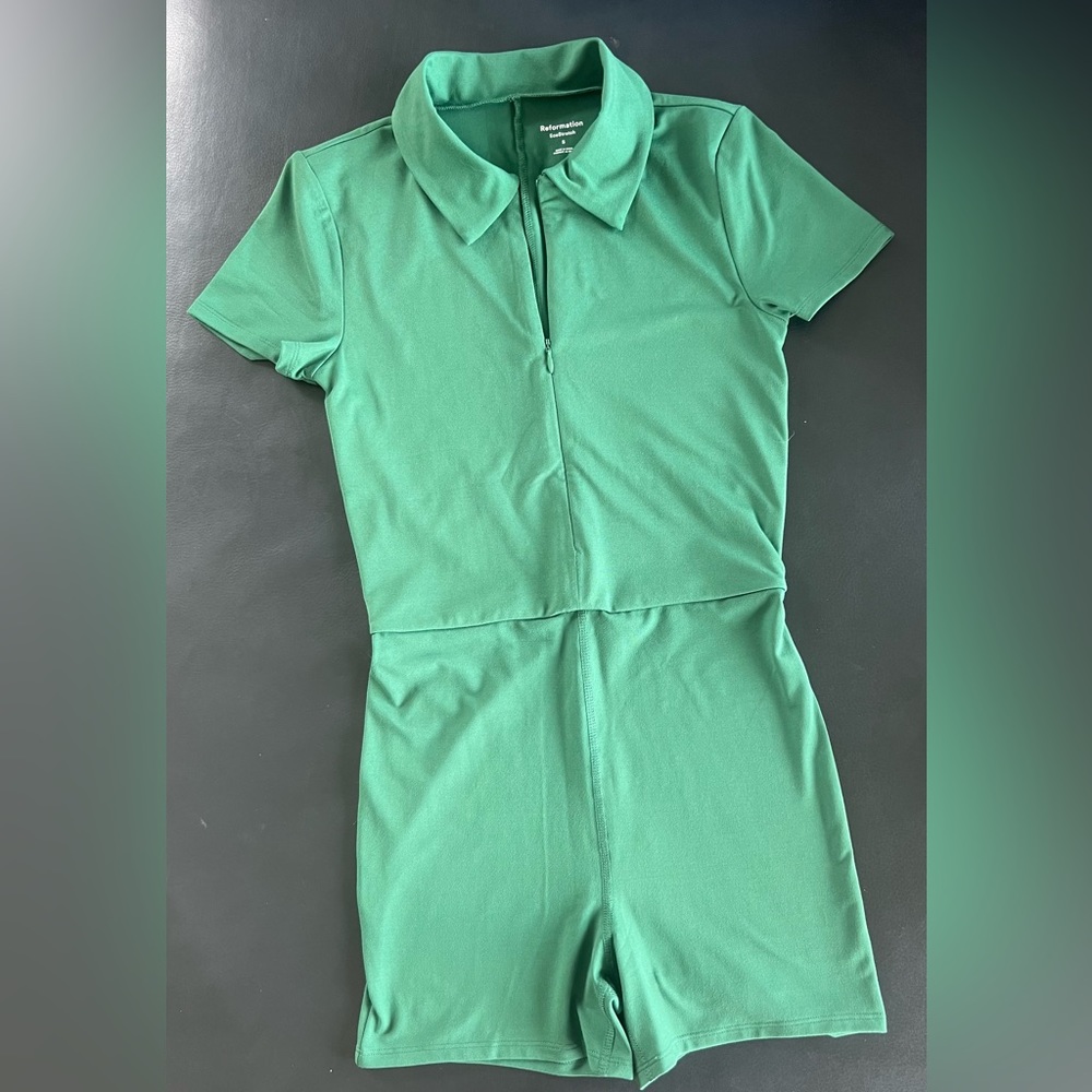 Reformation one piece green shorts jumpsuit.